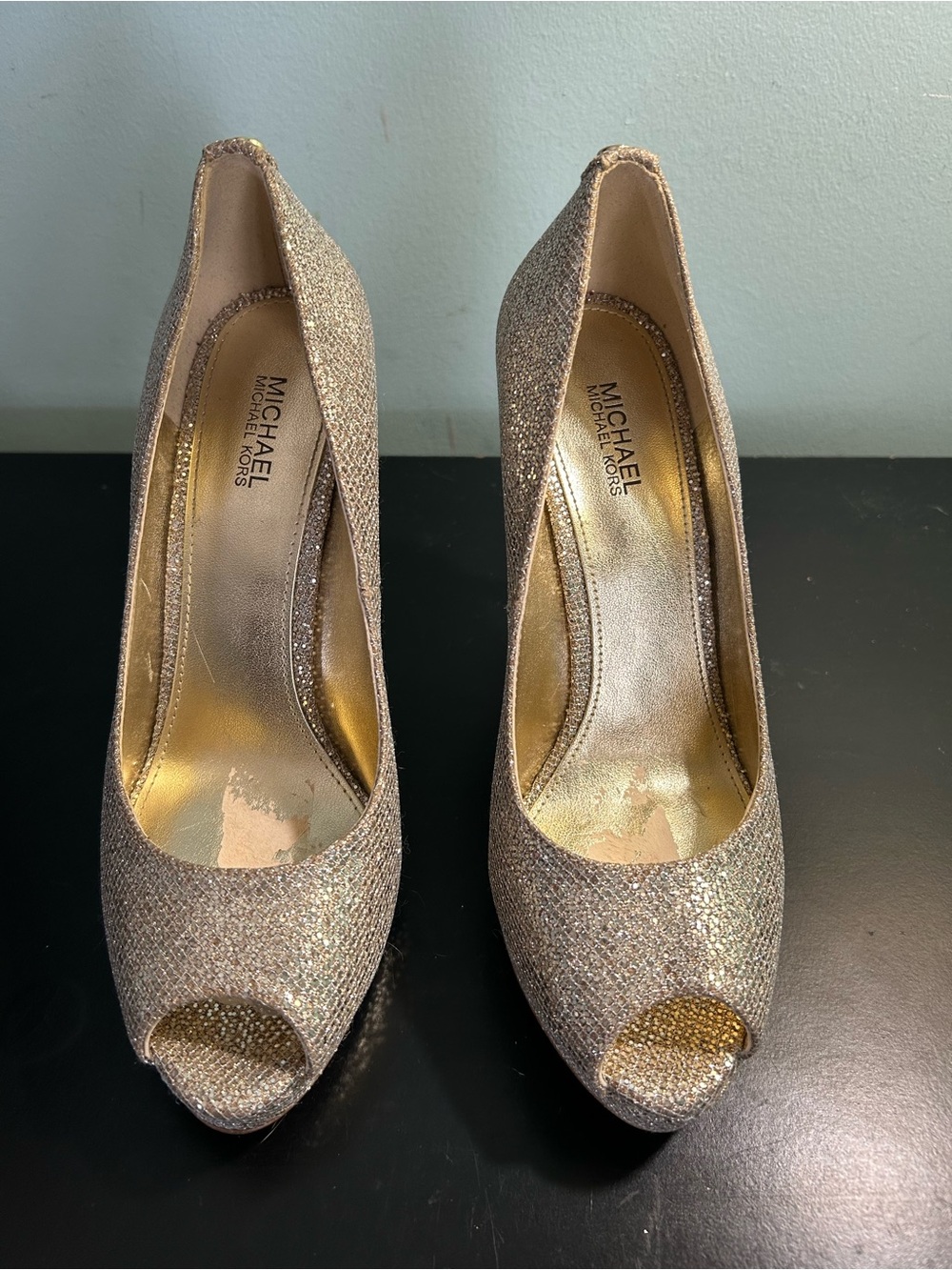Michael Kors Gold Glitter Peep-Toe Heels
